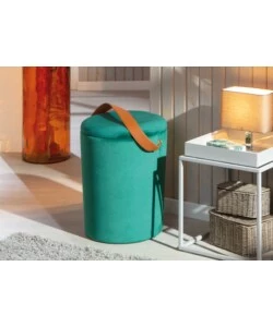 Pouf "secchiello" in velluto verde con maniglia, 35x35x45 cm